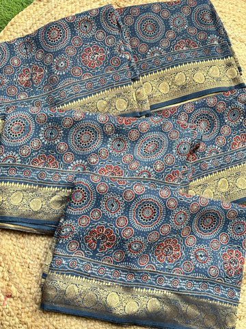 Blue pure modal silk sarees zari weaving with Ajrak blouse