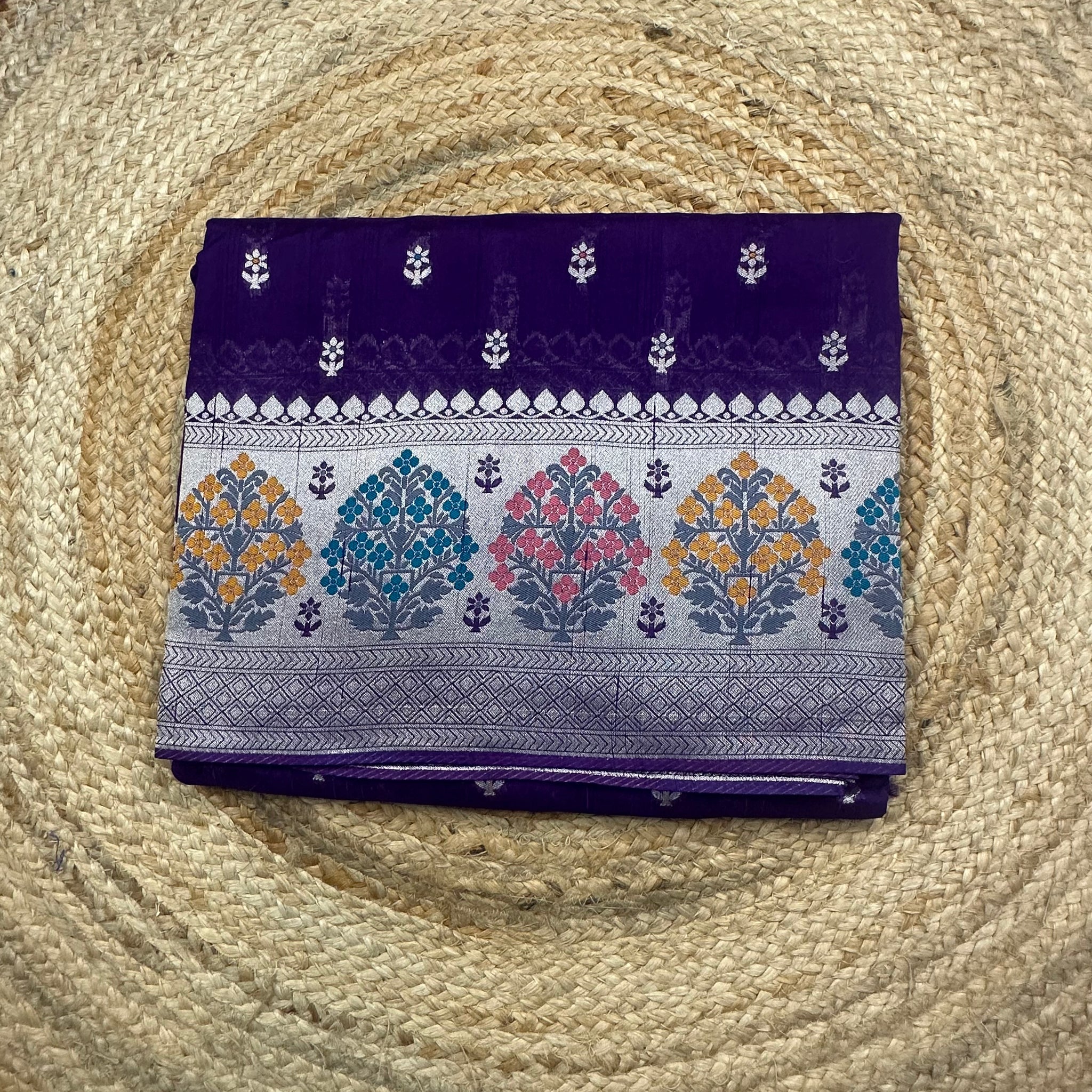 Purple pure tusser with Paithani border