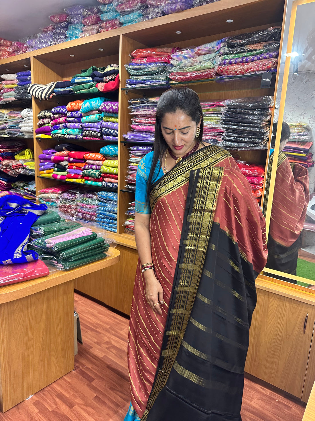 Dark peach with black pure crepe Mysore Silk sarees 120 gsm