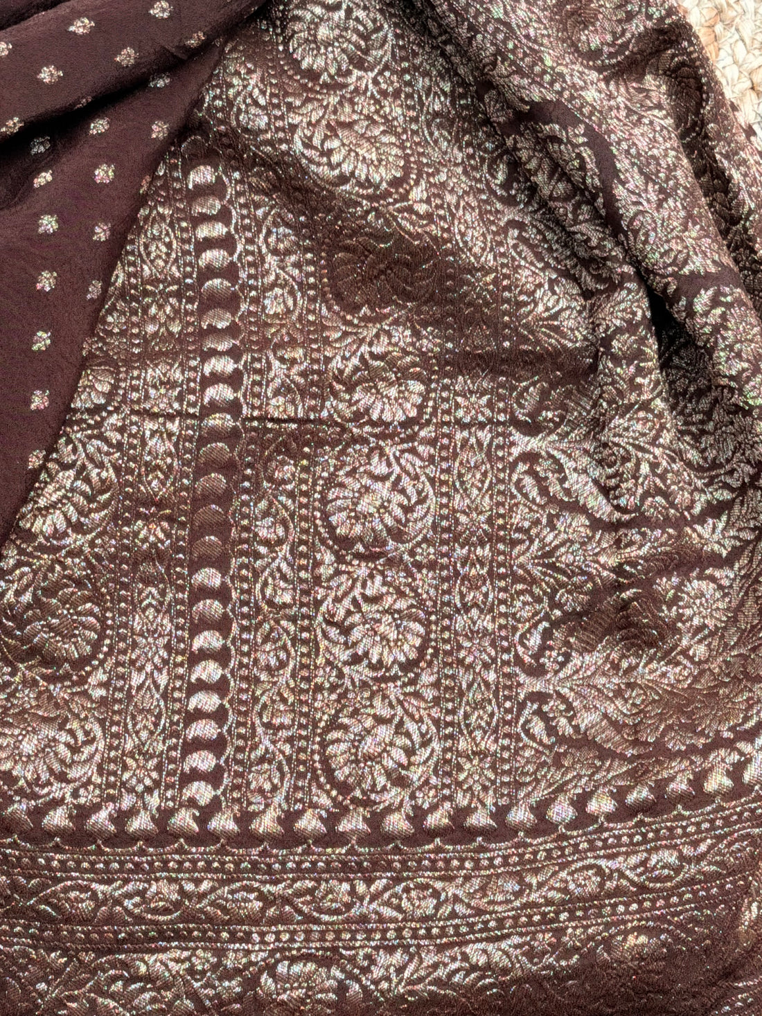 Rust Orange and brown Banarasi Crepe Chiffon in Jaal Pattern
