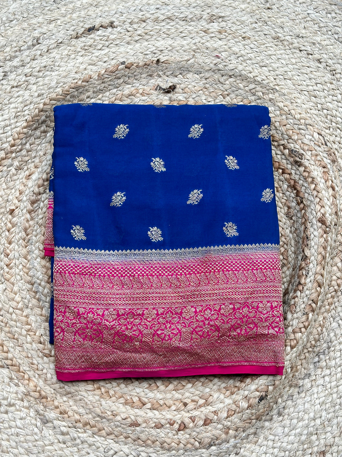 Deep blue with pink 2D pure crepe Banaras sarees