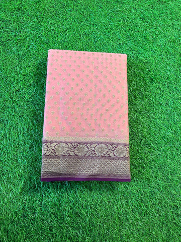 Peach with coffee brown Pure khaddi Georgette sarees.