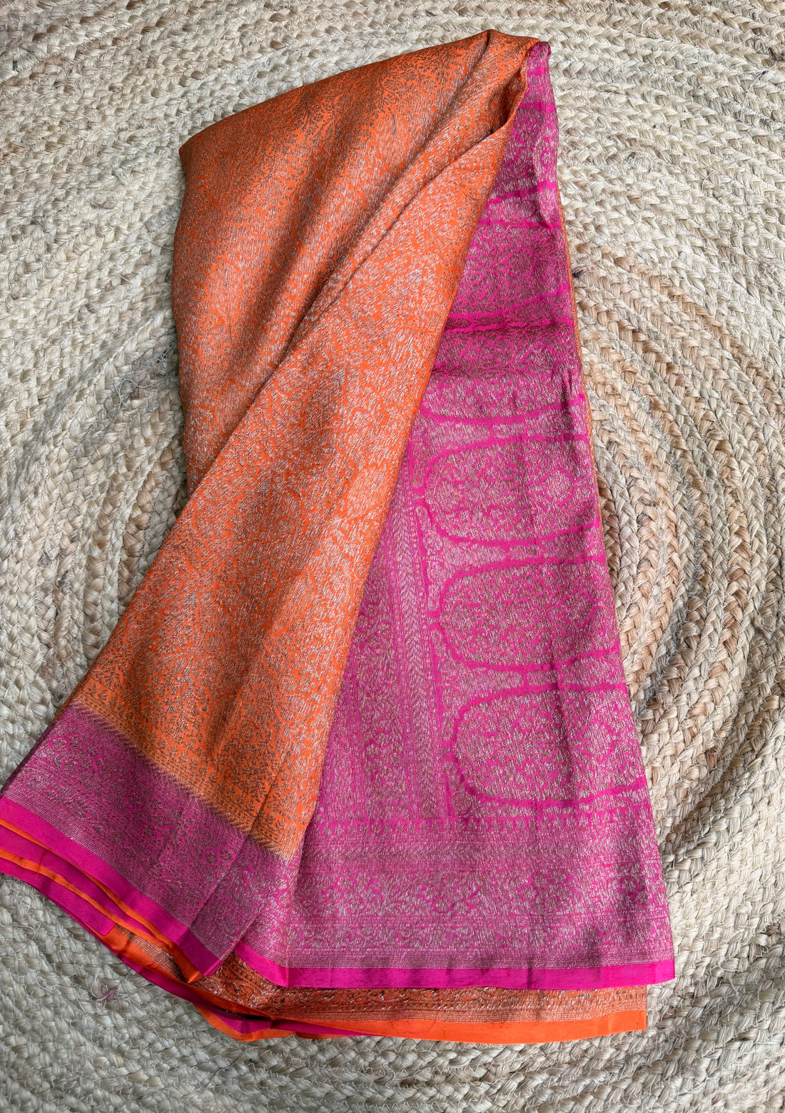 Orange n pink semi Banarasi crepe saree