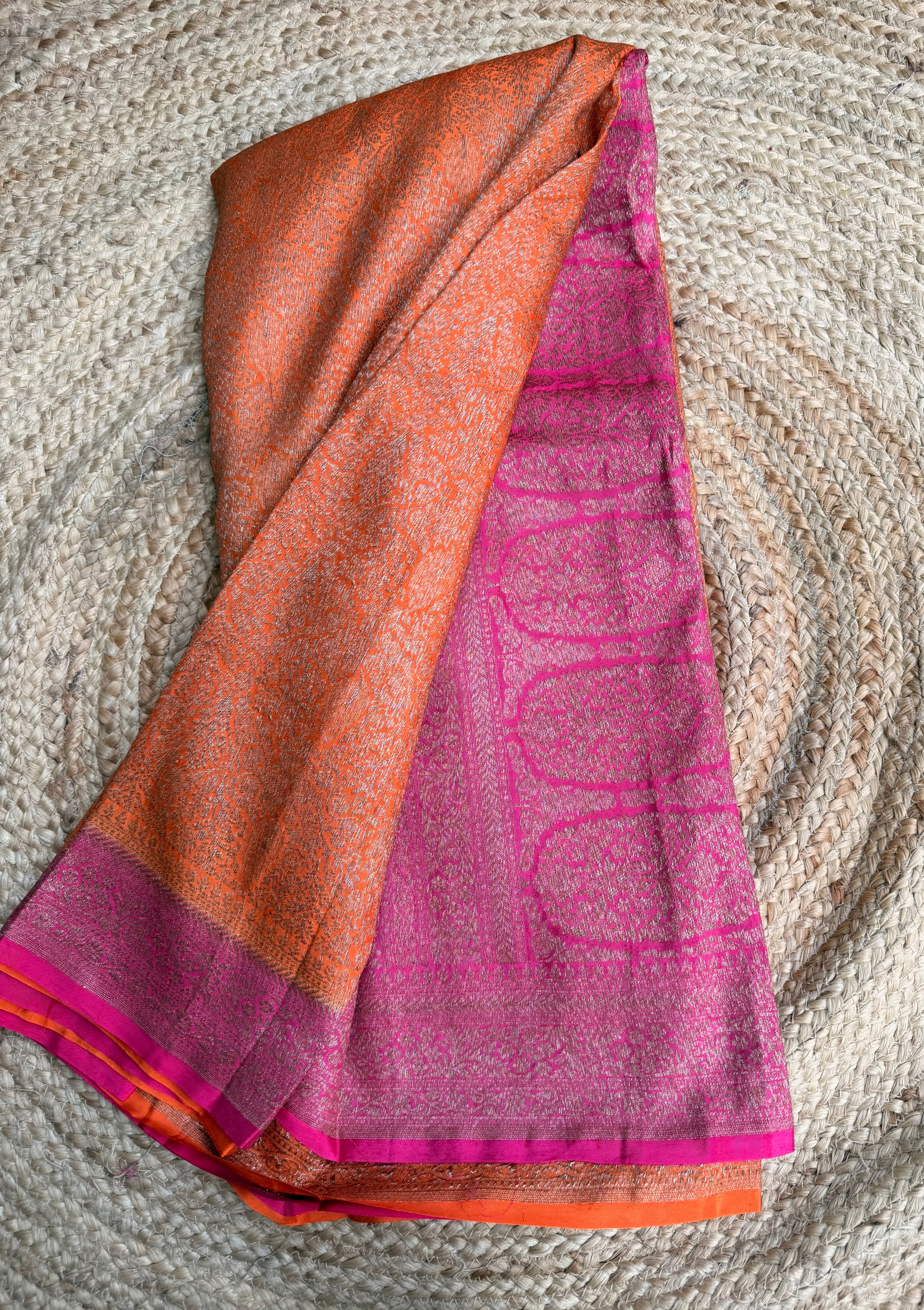 Orange n pink semi Banarasi crepe saree