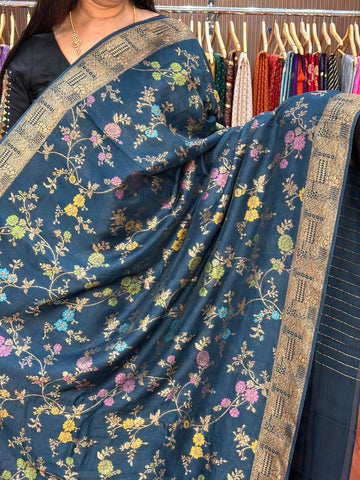 Peacock green tusser silk jaal pattern