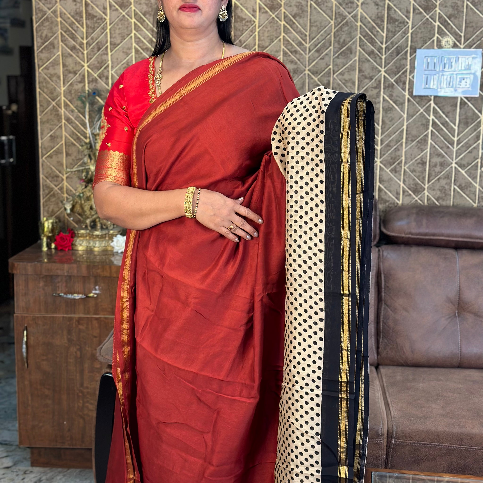 Red with white dots black border.