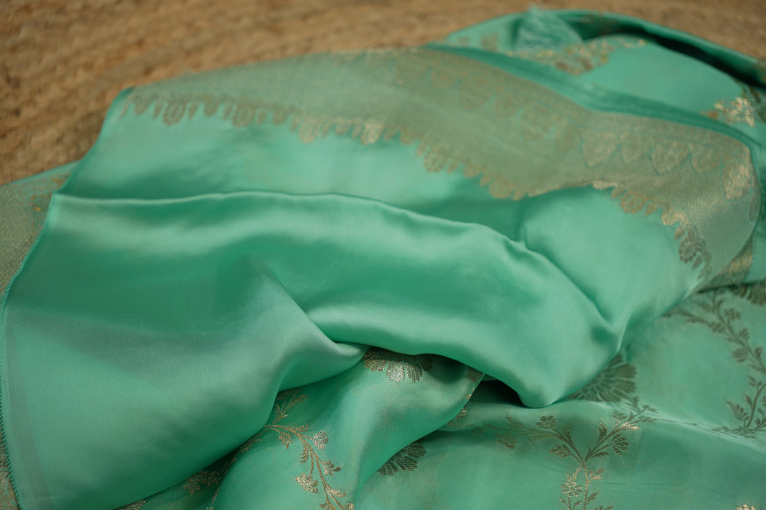 sea green pure satin silk with jaal pattern
