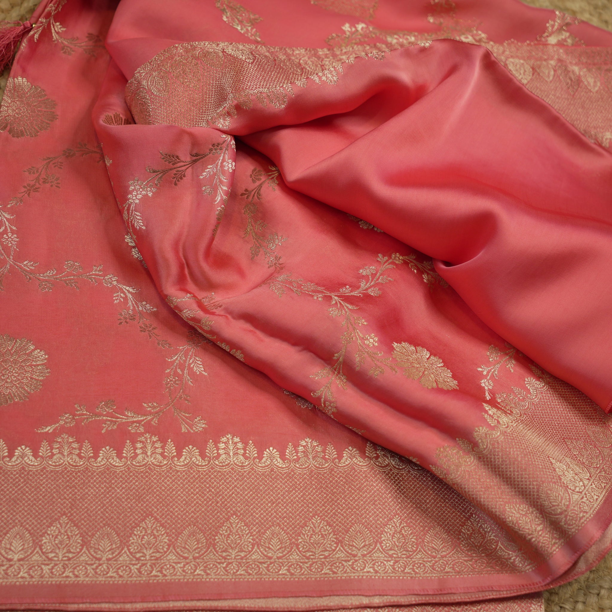 peach pure satin silk with jaal pattern