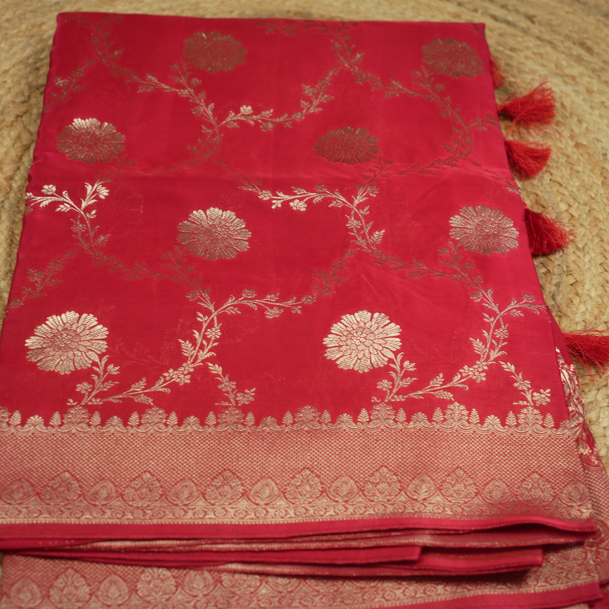 red  pure satin silk with jaal pattern