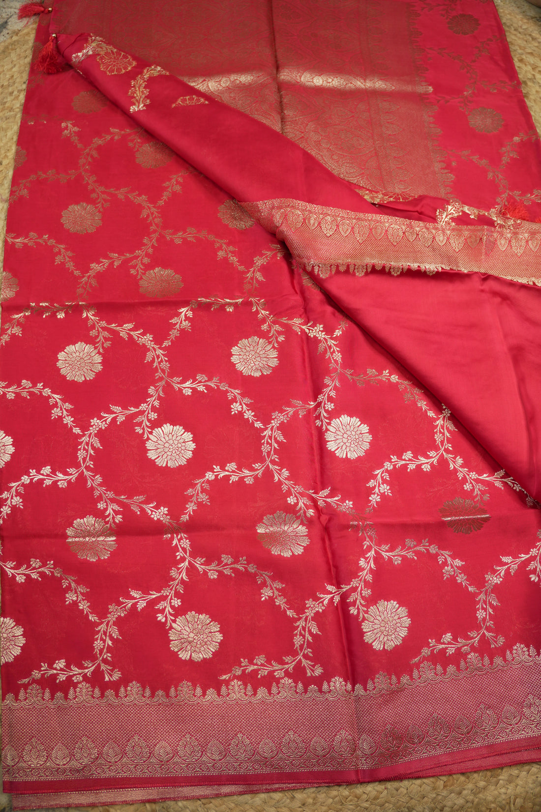 red  pure satin silk with jaal pattern