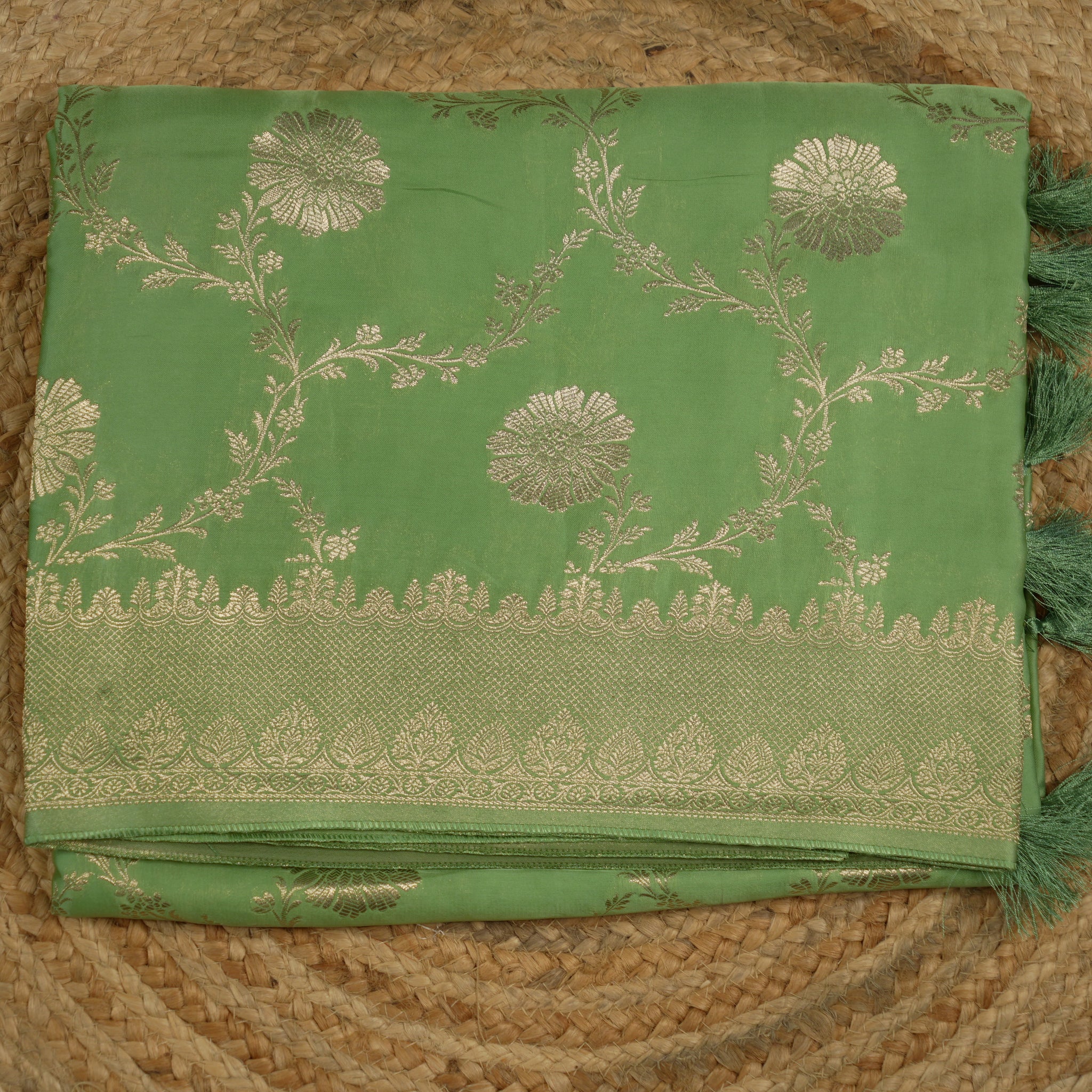 green pure satin silk with jaal pattern