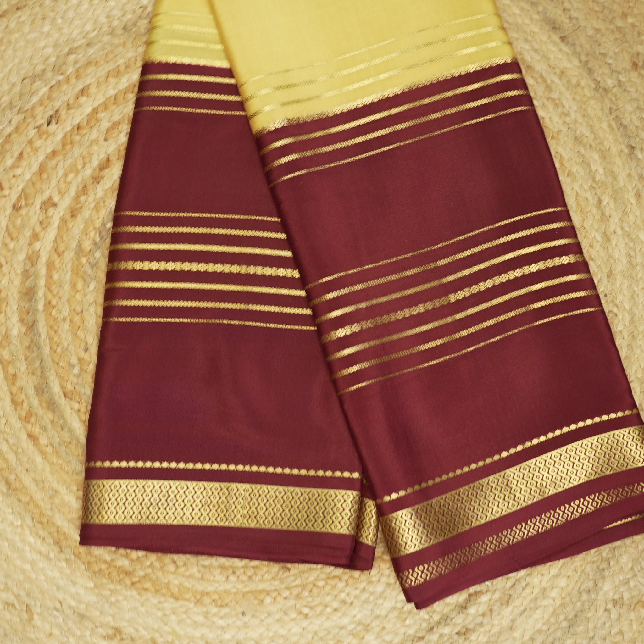 Yellow and coffee brown pure mysore silk crepe with 130 gsm