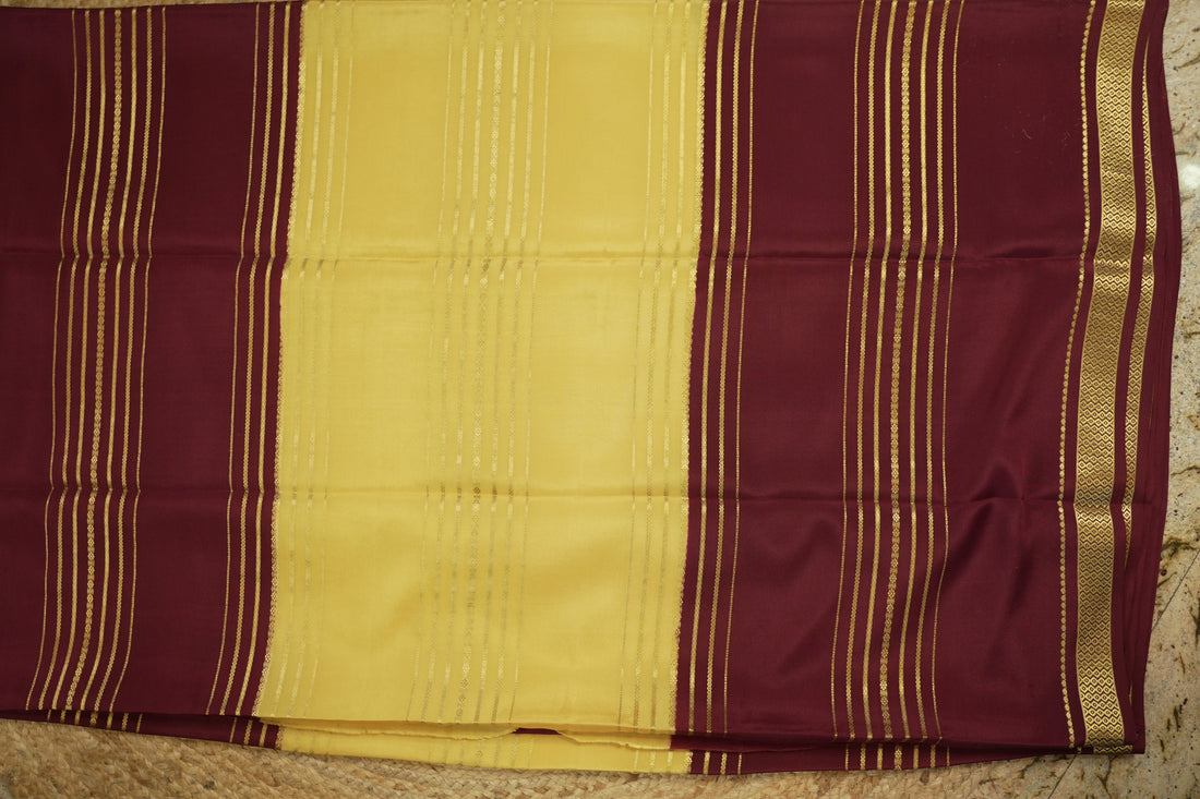 Yellow and coffee brown pure mysore silk crepe with 130 gsm