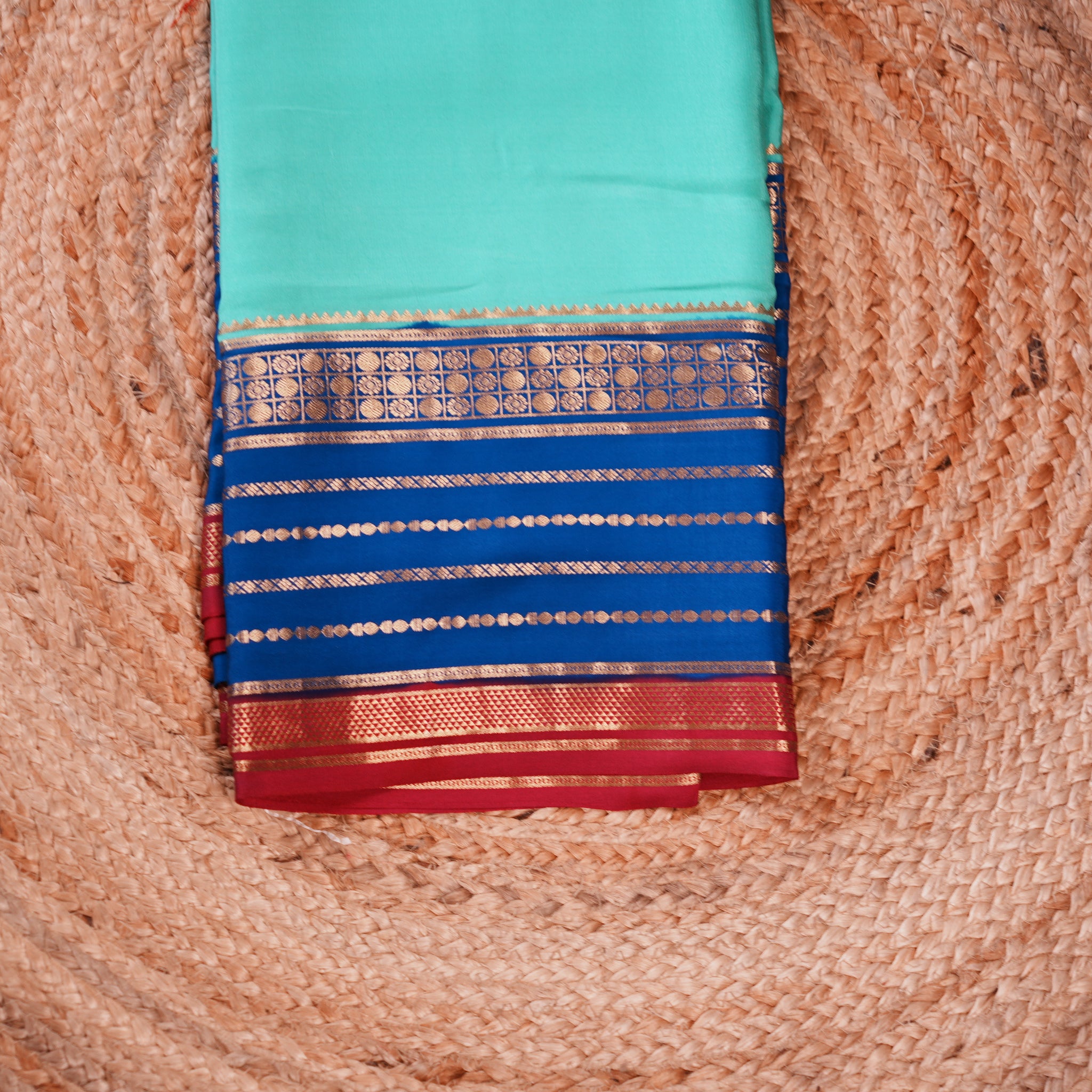 Teal blue with deep blue and pink border Pure Mysore silk 120 gsm