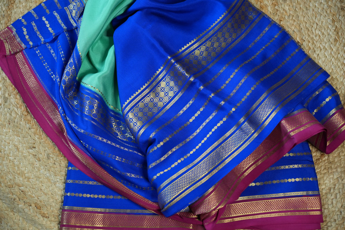 Teal blue with deep blue and pink border Pure Mysore silk 120 gsm
