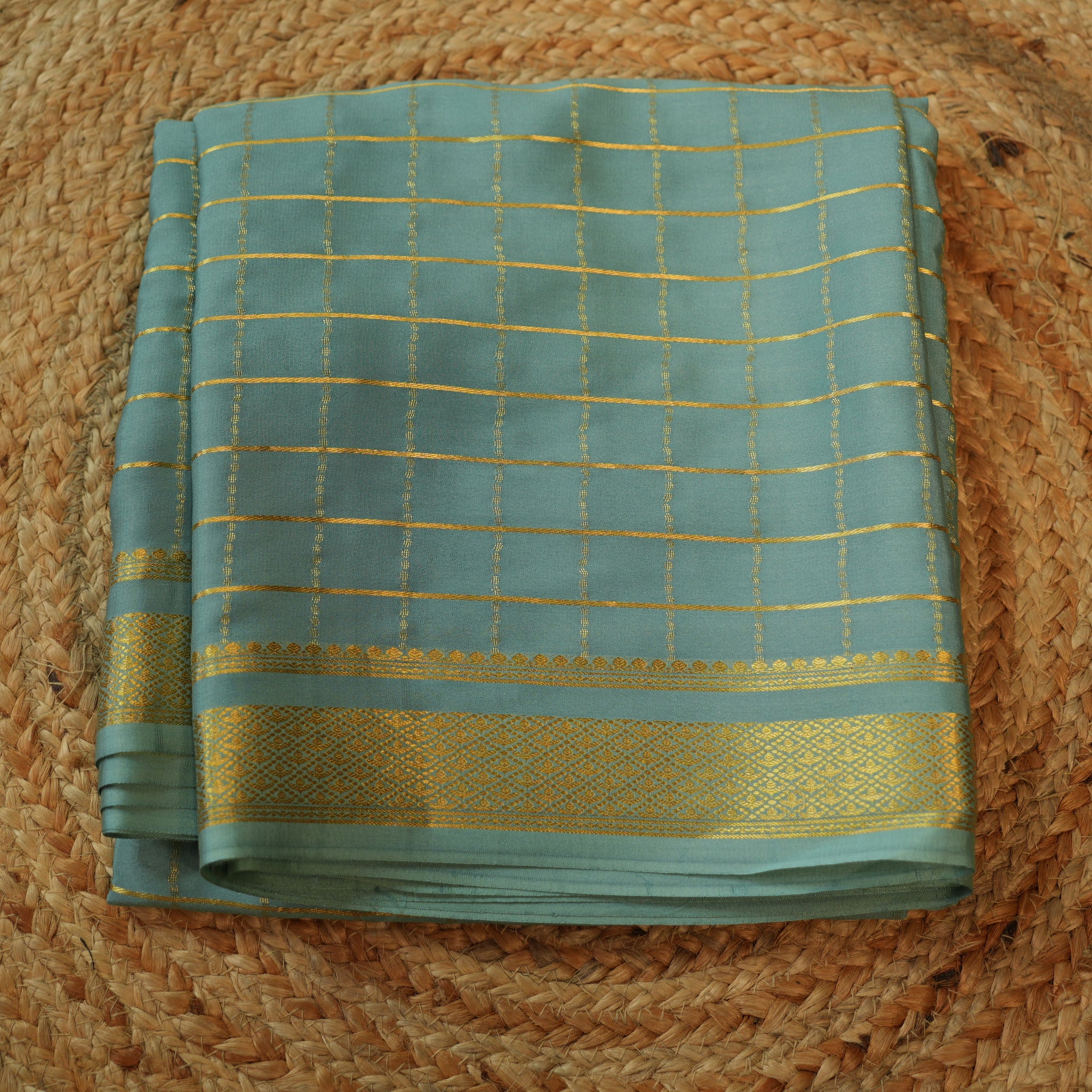 Sea green checks all over the body Pure Mysore silk 120 gsm