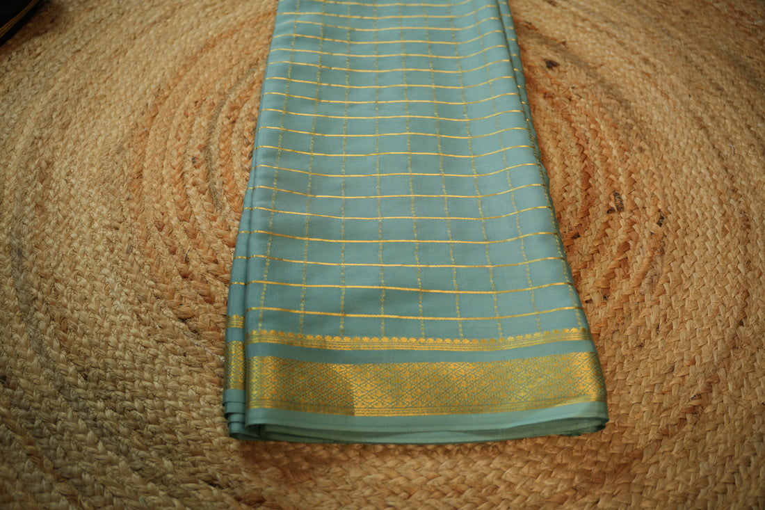 Sea green checks all over the body Pure Mysore silk 120 gsm