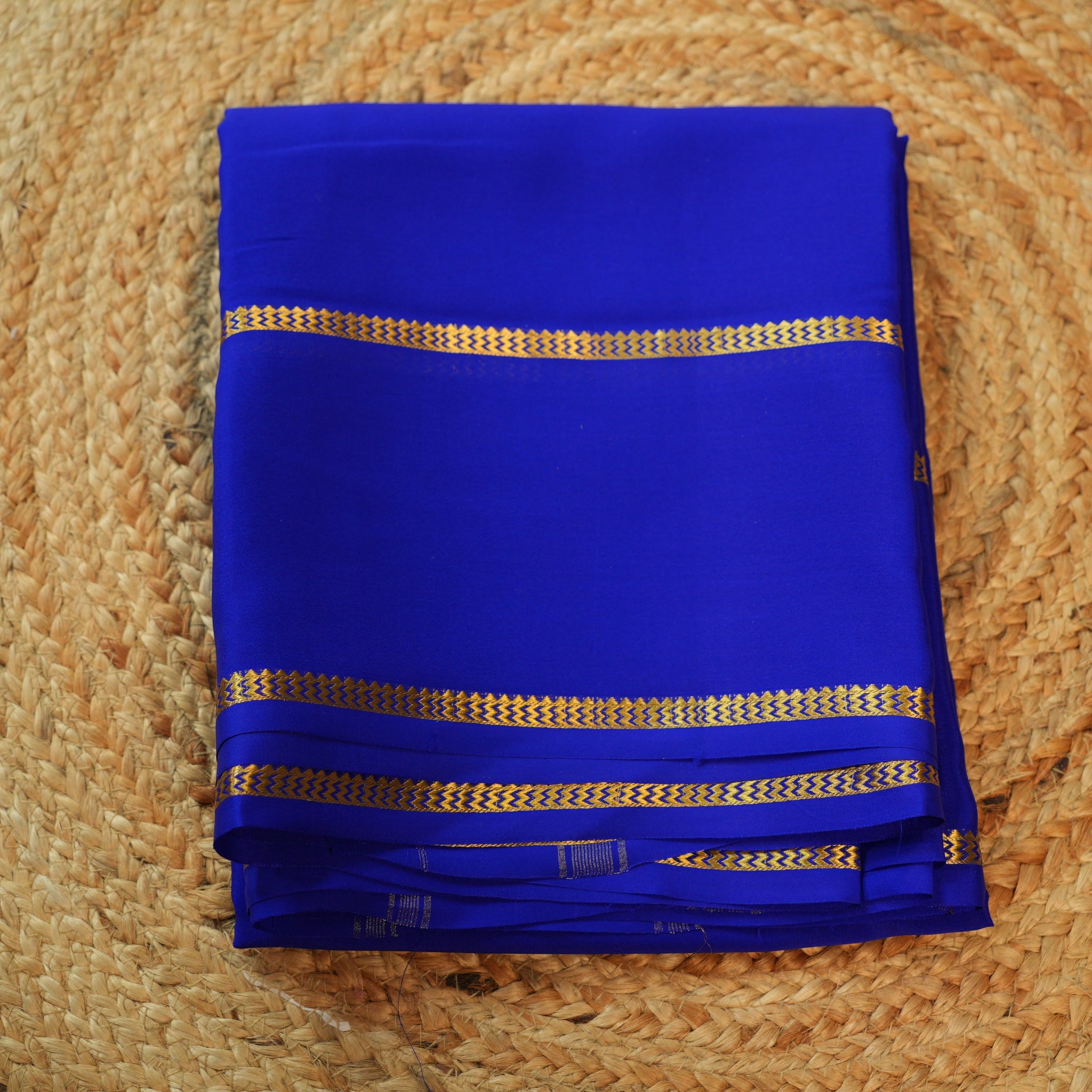 Royal blue Pure Mysore silk crepe with bentex border 80 gsm