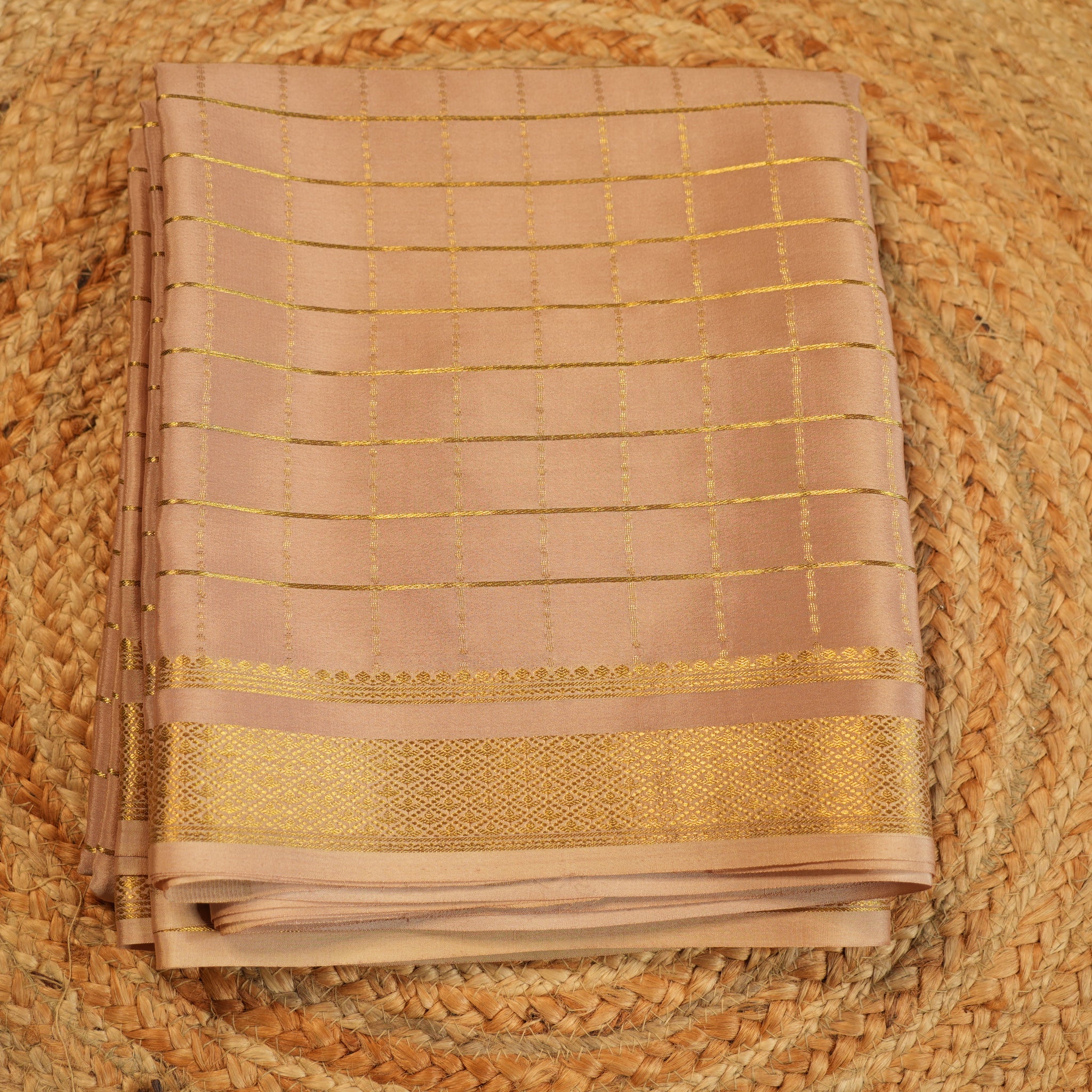 Beige checks all over the body Pure Mysore silk 120 gsm