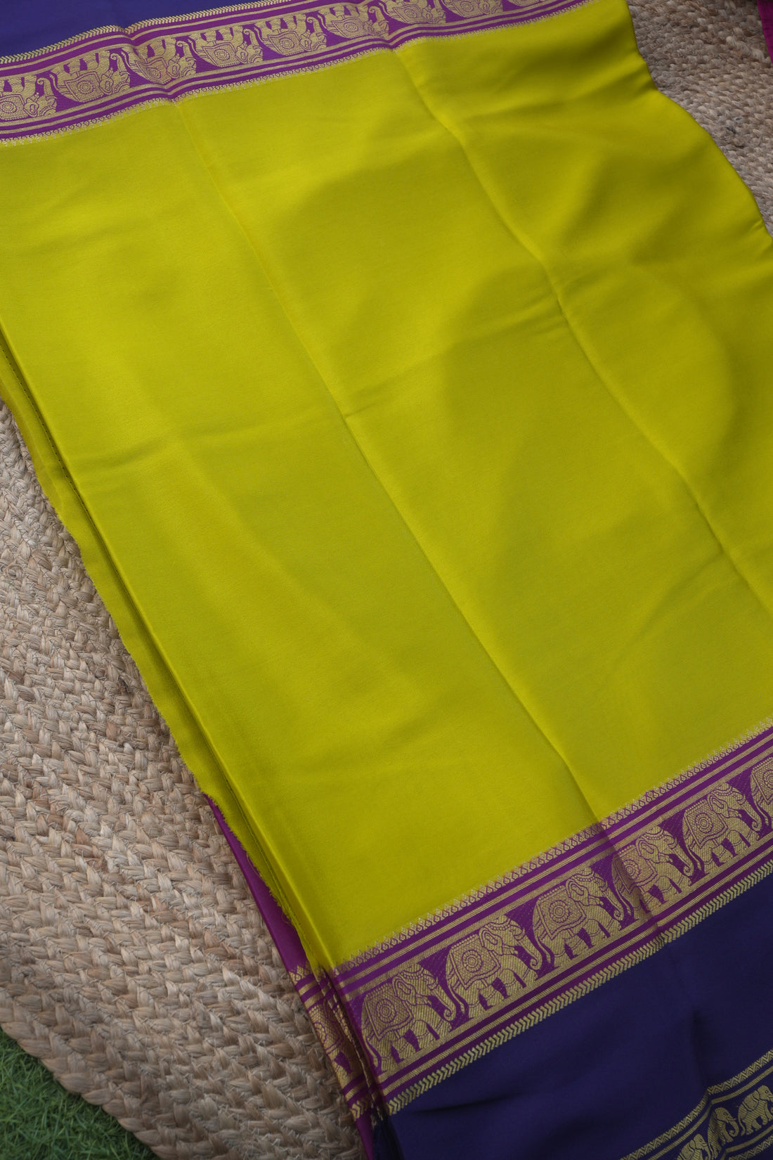 mysore silk crepe 120gsm with elephant border mustard with royal blue