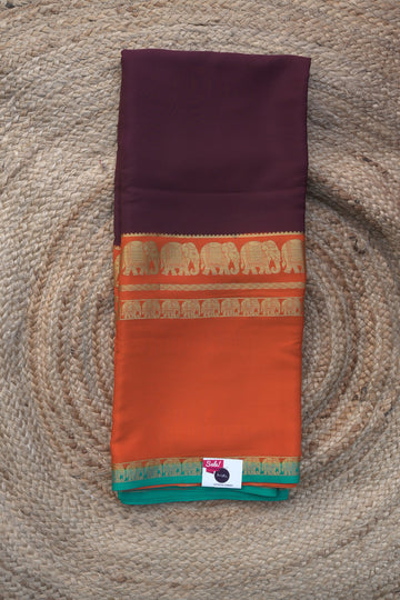 Mysuru Silk Crepe -Elephant 3D Border (120gsm) orange and coffee brown