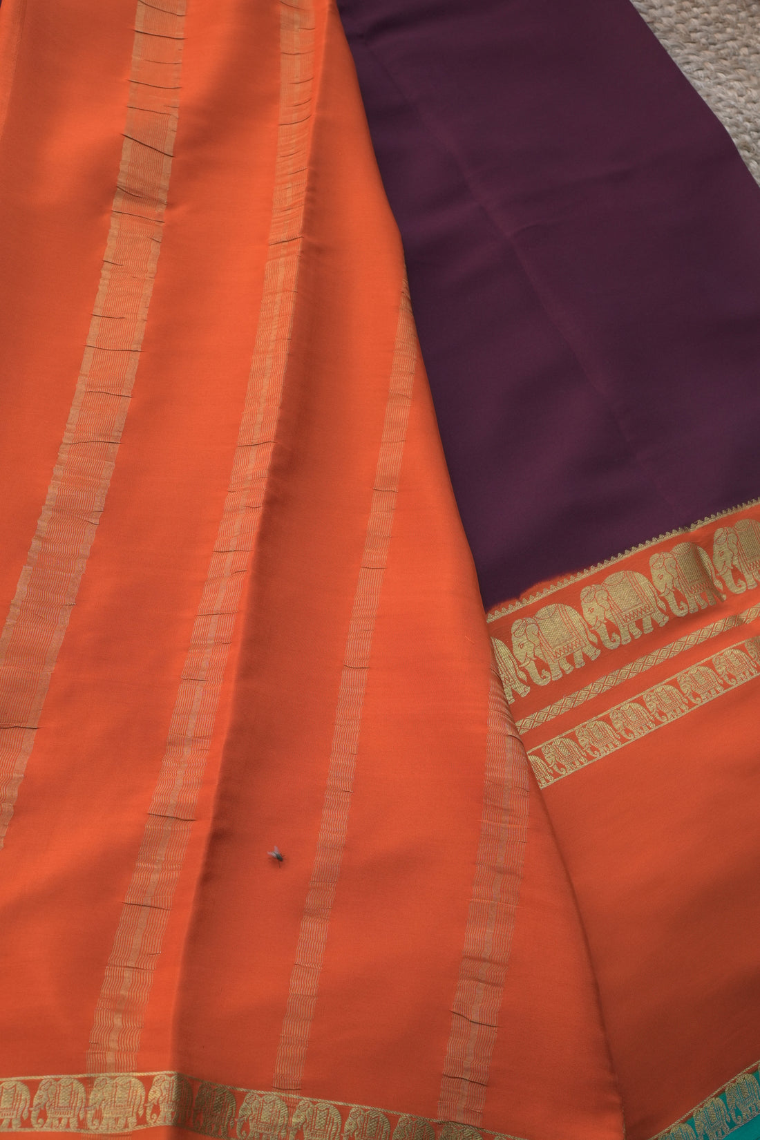 Mysuru Silk Crepe -Elephant 3D Border (120gsm) orange and coffee brown