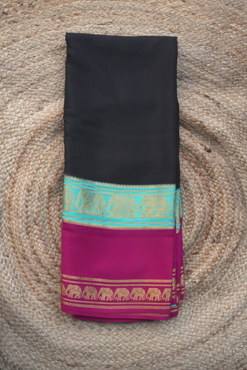 Mysuru Silk Crepe -Elephant 3D Border (120gsm) black sky and pink