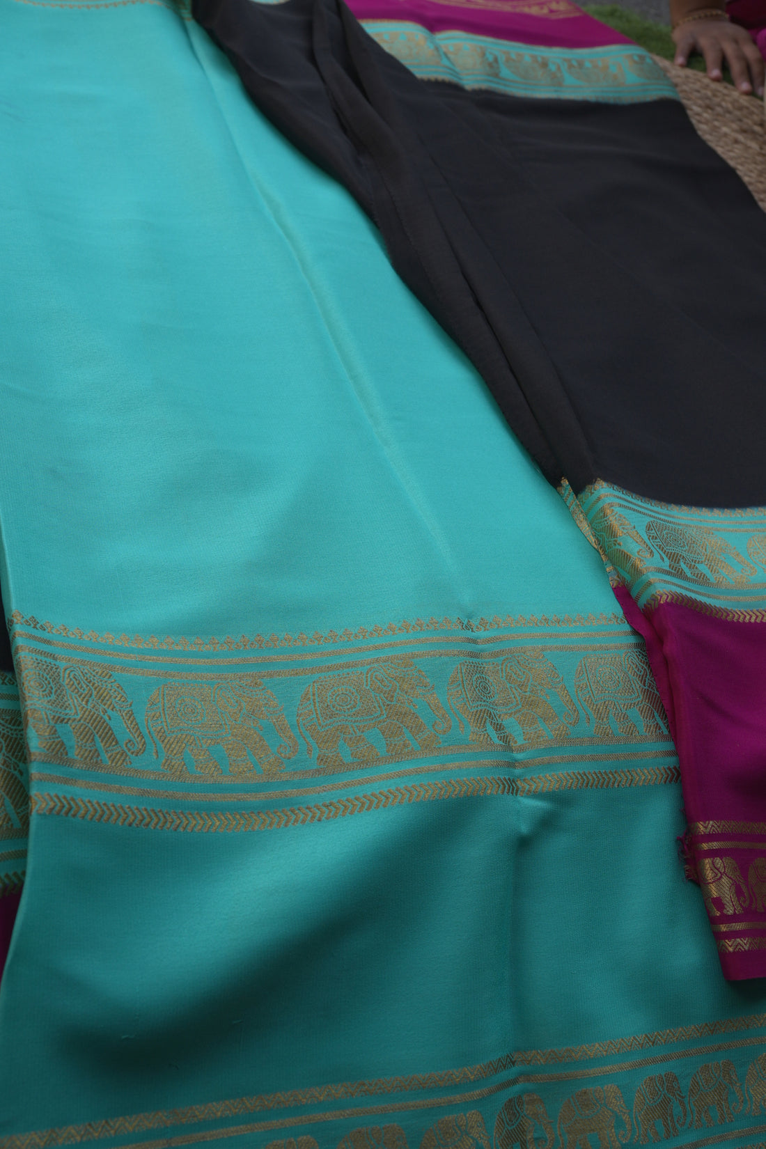 Mysuru Silk Crepe -Elephant 3D Border (120gsm) black sky and pink
