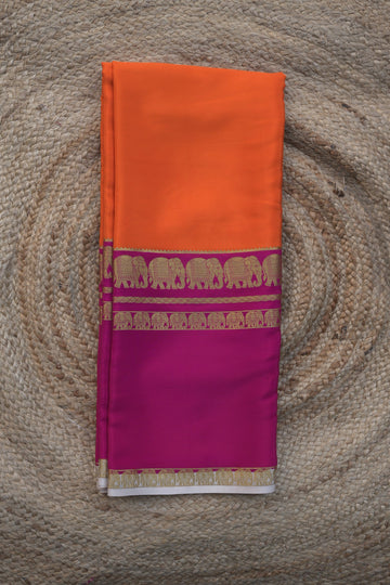 Mysuru Silk Crepe -Elephant 3D Border (120gsm) orange and pink