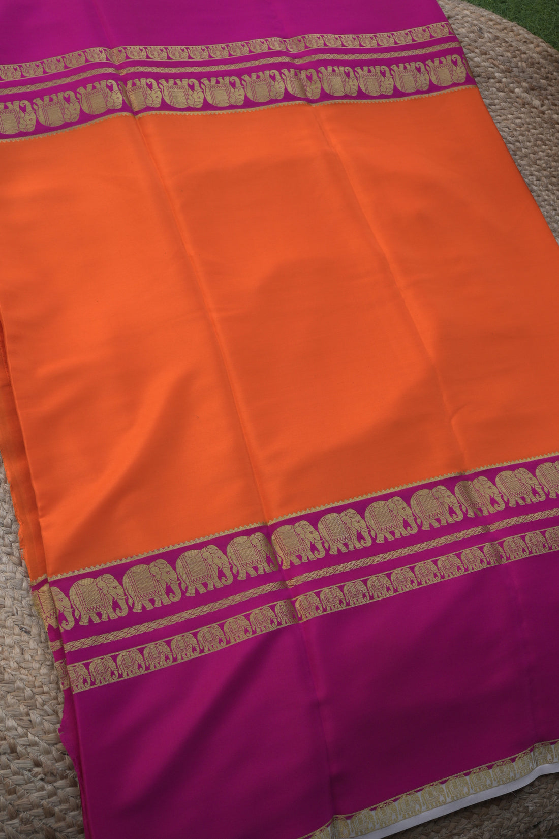 Mysuru Silk Crepe -Elephant 3D Border (120gsm) orange and pink