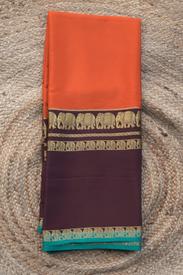 Mysuru Silk Crepe -Elephant 3D Border (120gsm) orange and coffee brown with sky blue border