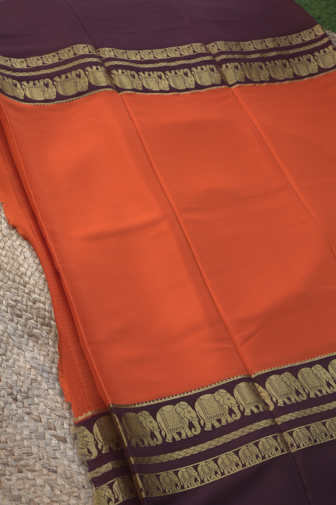 Mysuru Silk Crepe -Elephant 3D Border (120gsm) orange and coffee brown with sky blue border