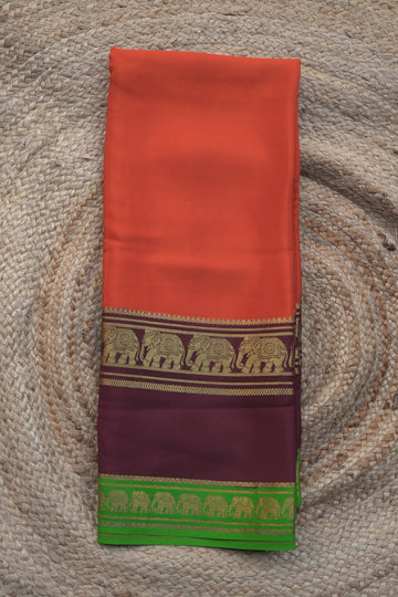 Mysuru Silk Crepe -Elephant 3D Border (120gsm) orange and coffee brown with green border