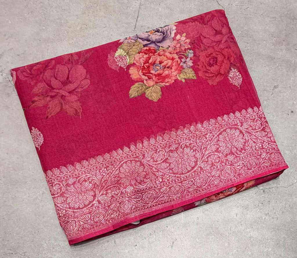 Rani pink digital print Banarasi pure tissue chiffon saree sliver zari saree