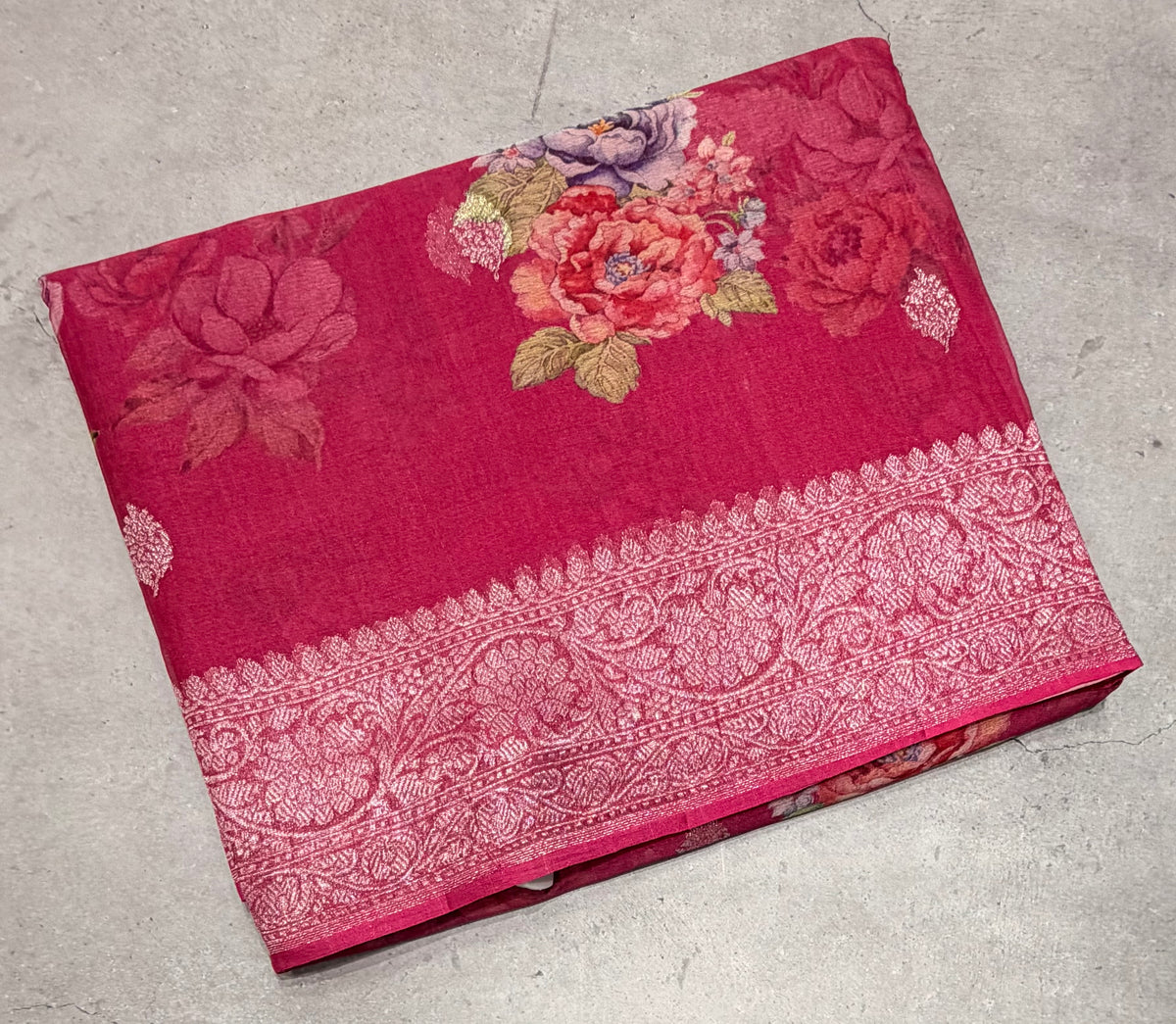 Rani pink digital print Banarasi pure tissue chiffon saree sliver zari saree