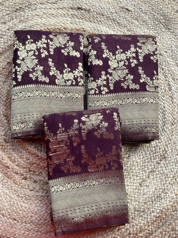 Deep coffee brown crushed georgette jaal pattern