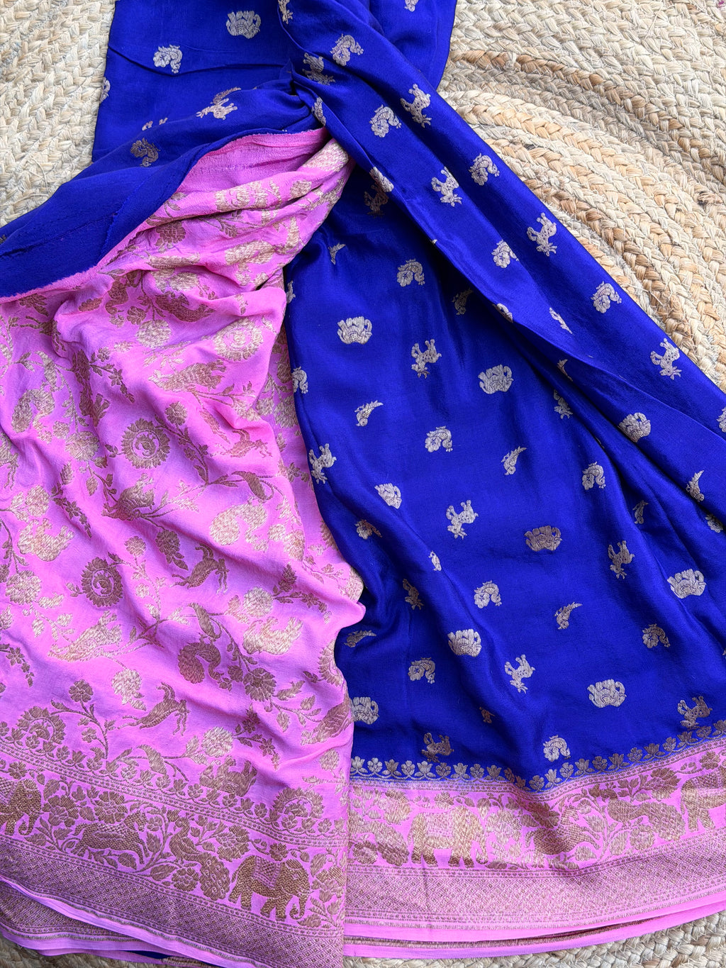 Royal blue and lotus pink pure crepe Banaras