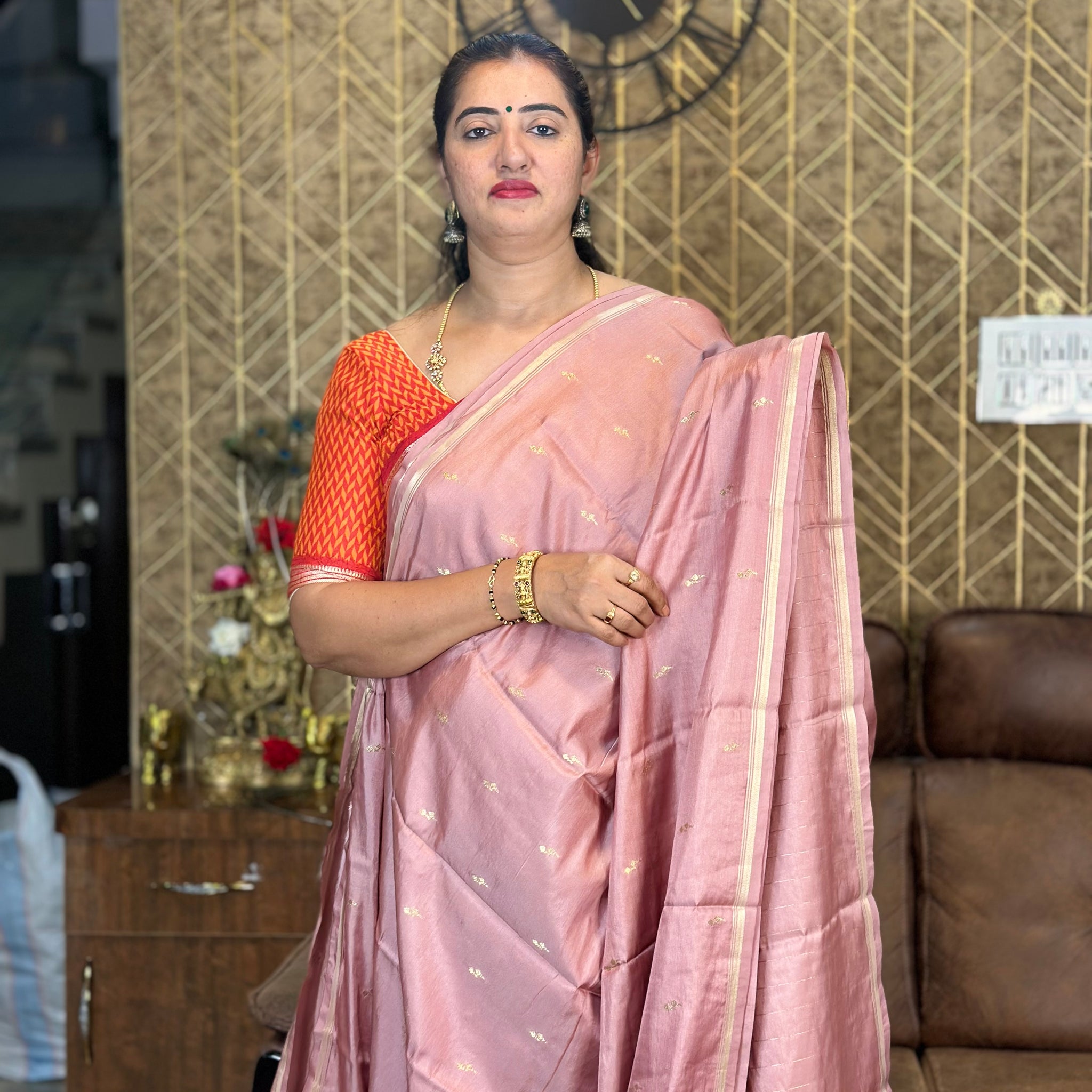 Onion pink semi silk. With small butta blouse.