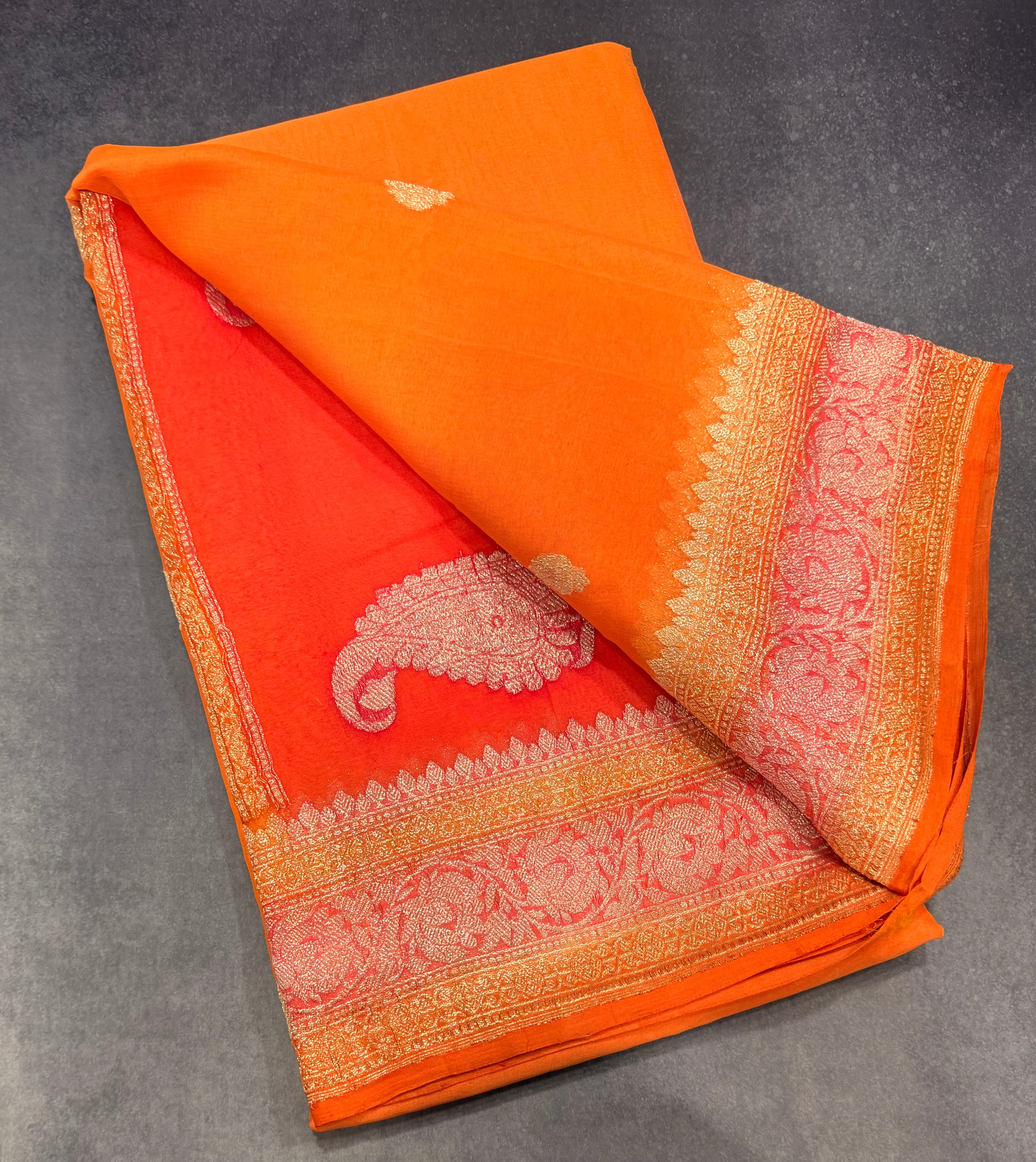 Orange 3D Banarasi pure khadi chiffon saree sliver zari saree