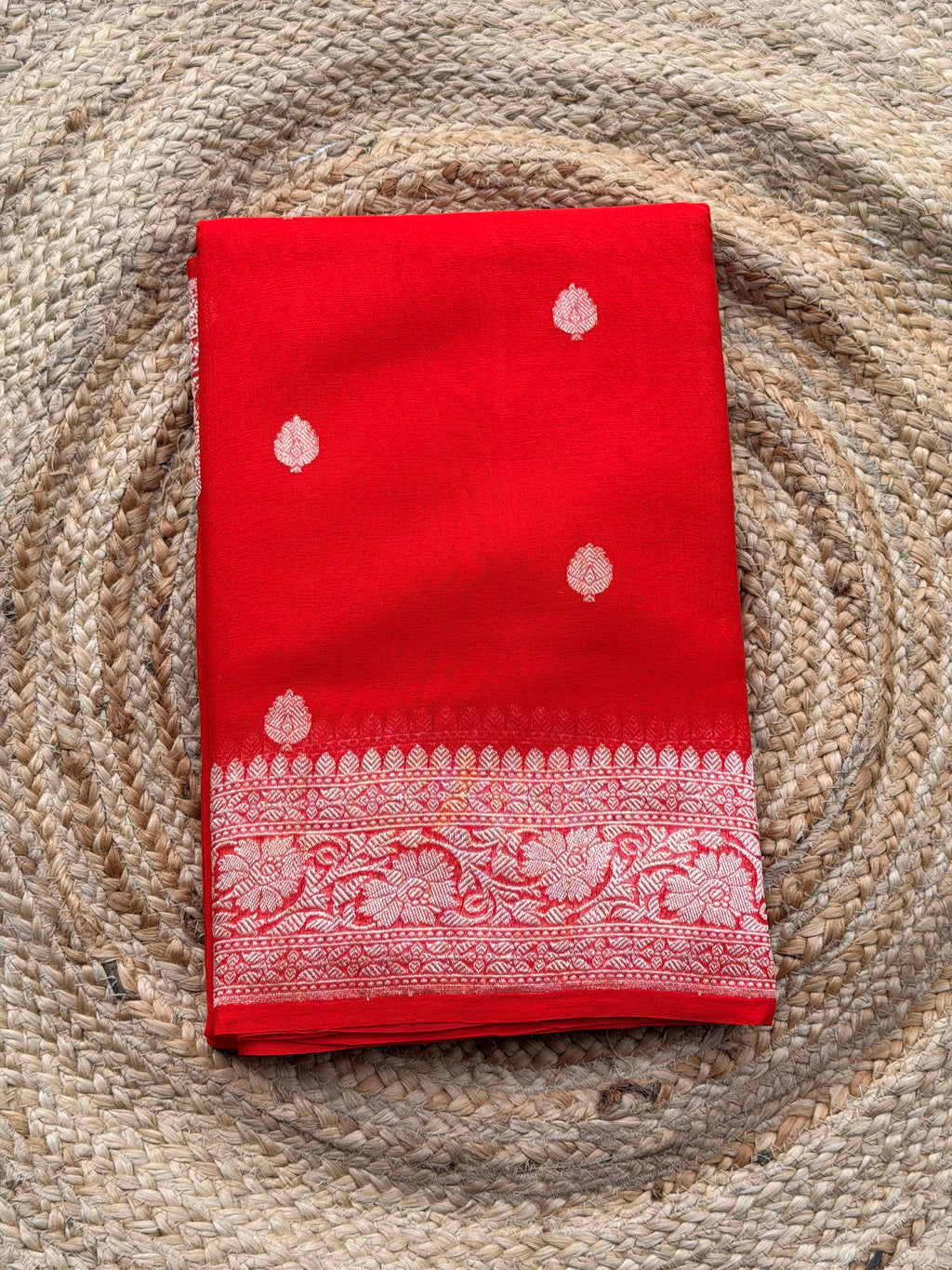 Red Banarasi pure khadi chiffon saree sliver zari woven