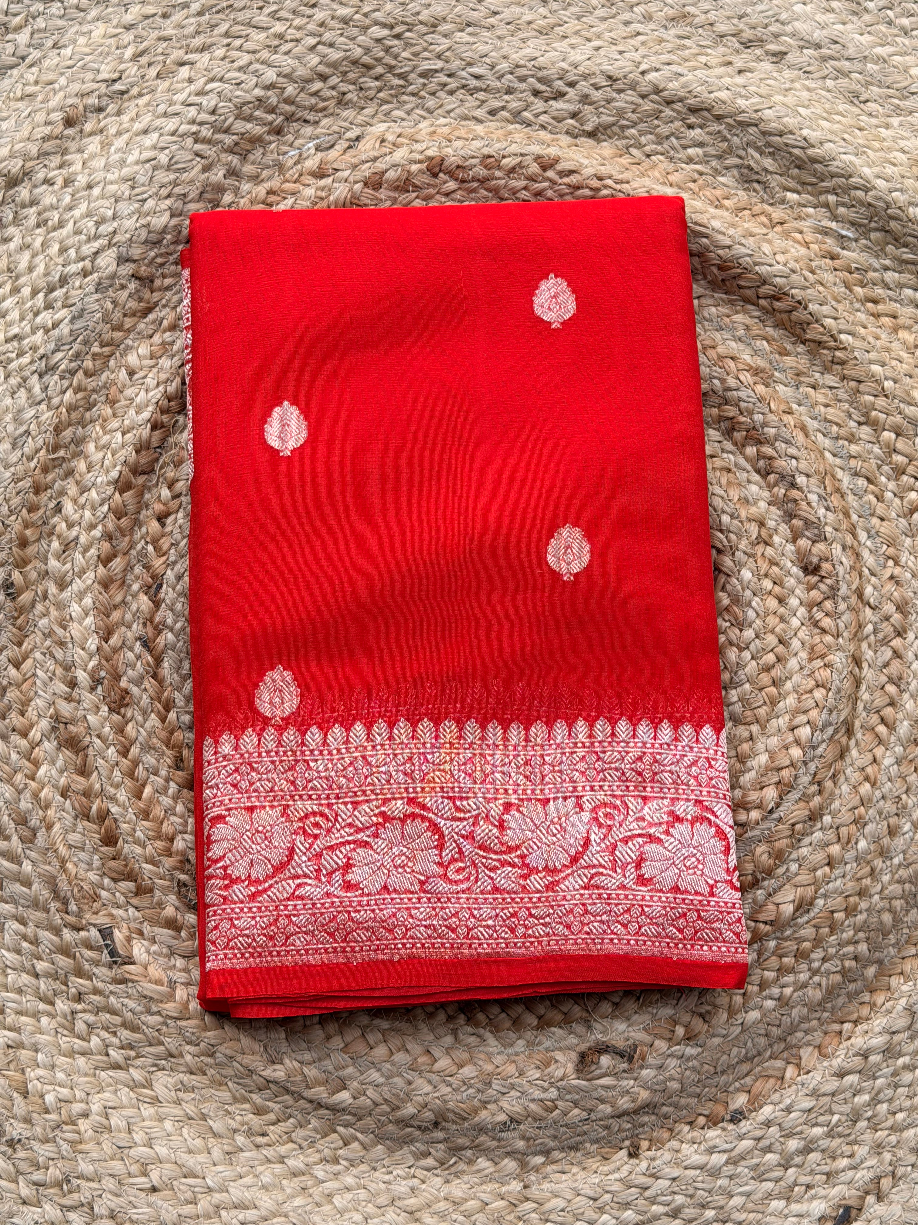Red Banarasi pure khadi chiffon saree sliver zari woven