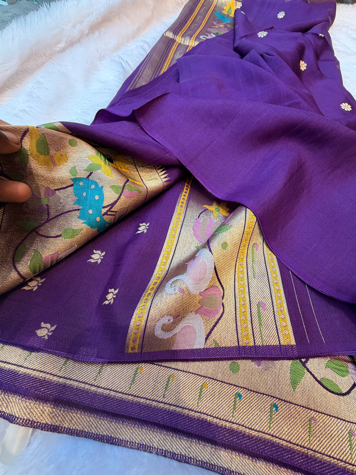 Purple pure paithani swan & peacock border saree