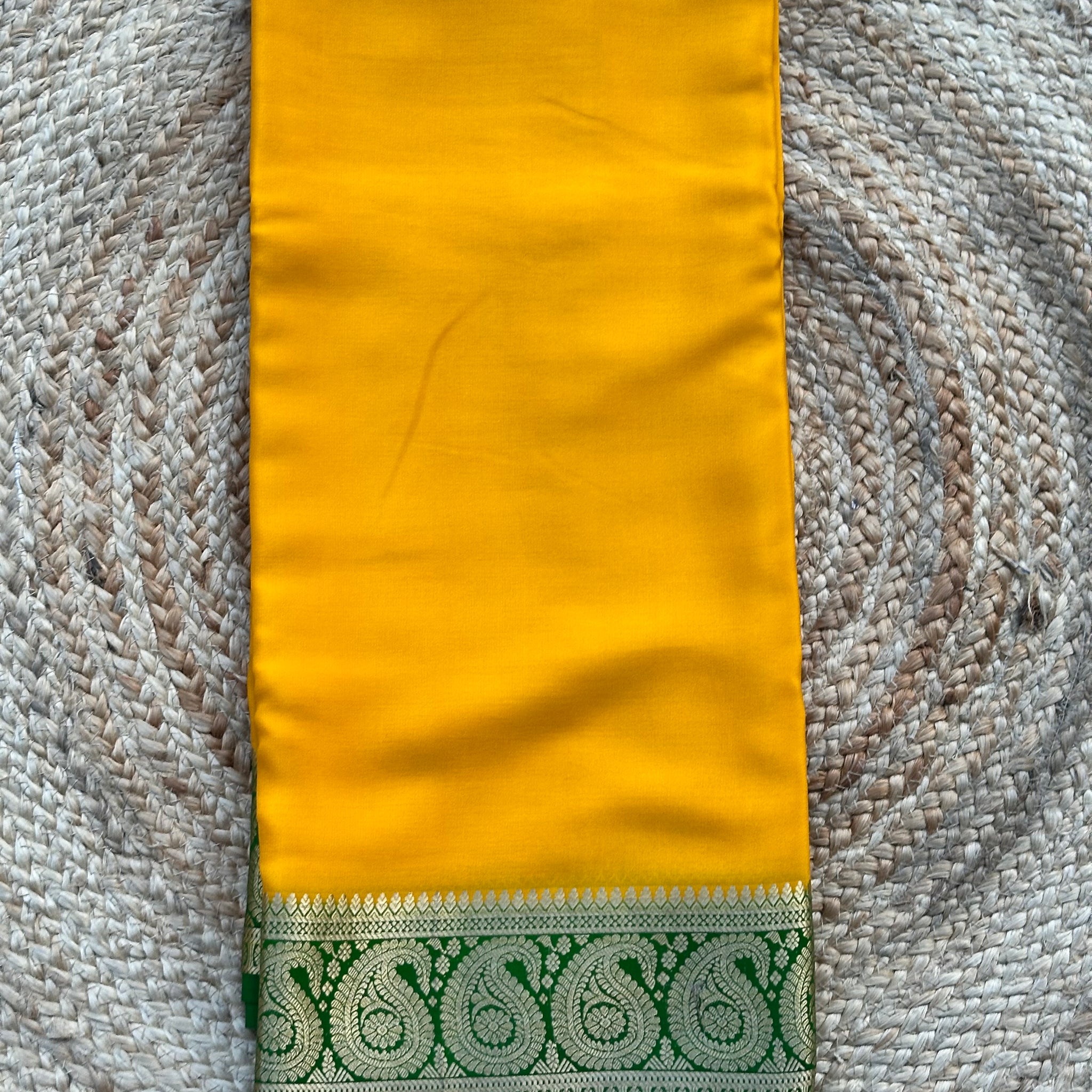 Yellow and green pure crepe Mysore Silk sarees 120 gsm mango border