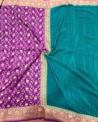 Peacock blue n purple partly pallu pure benarasi crepe silk saree