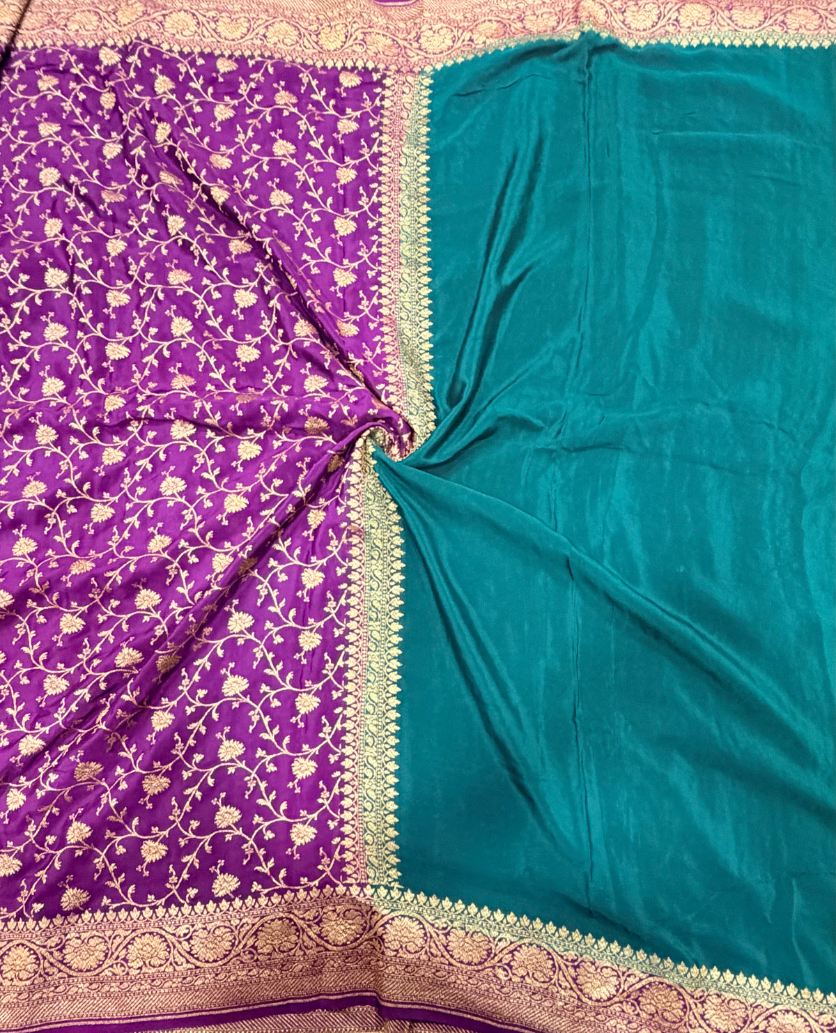 Peacock blue n purple partly pallu pure benarasi crepe silk saree