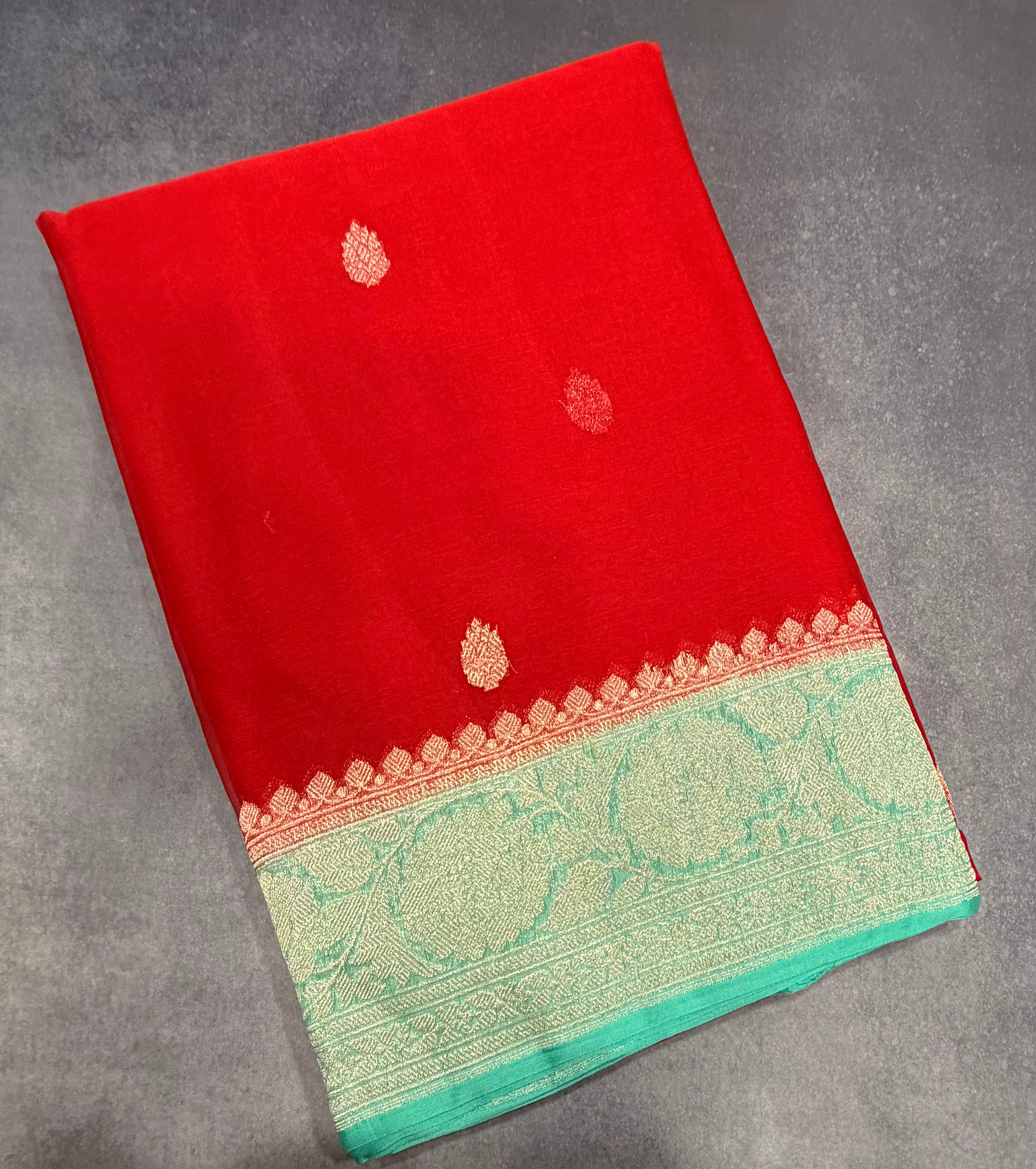 Red Banarasi pure khadi chiffon saree sliver zari saree