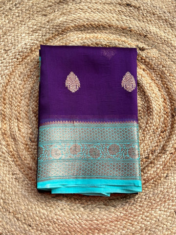 Deep purple with blue pure Kora organza silk hand woven sarees