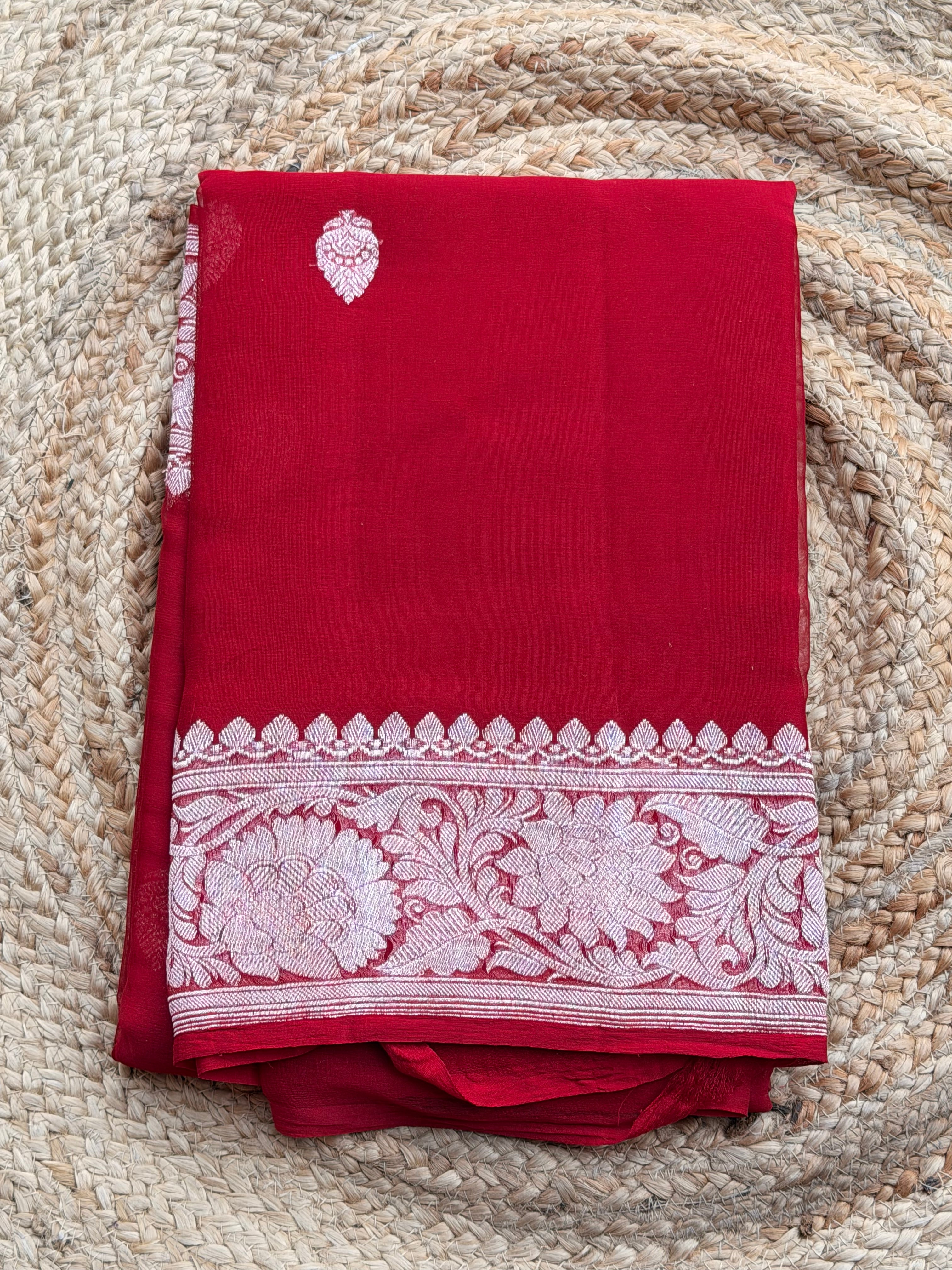 Burgundy Banarasi pure khadi chiffon saree sliver zari woven
