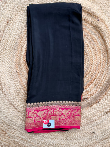 Plain Crepe Banarasi Pure Black with Rani Pink