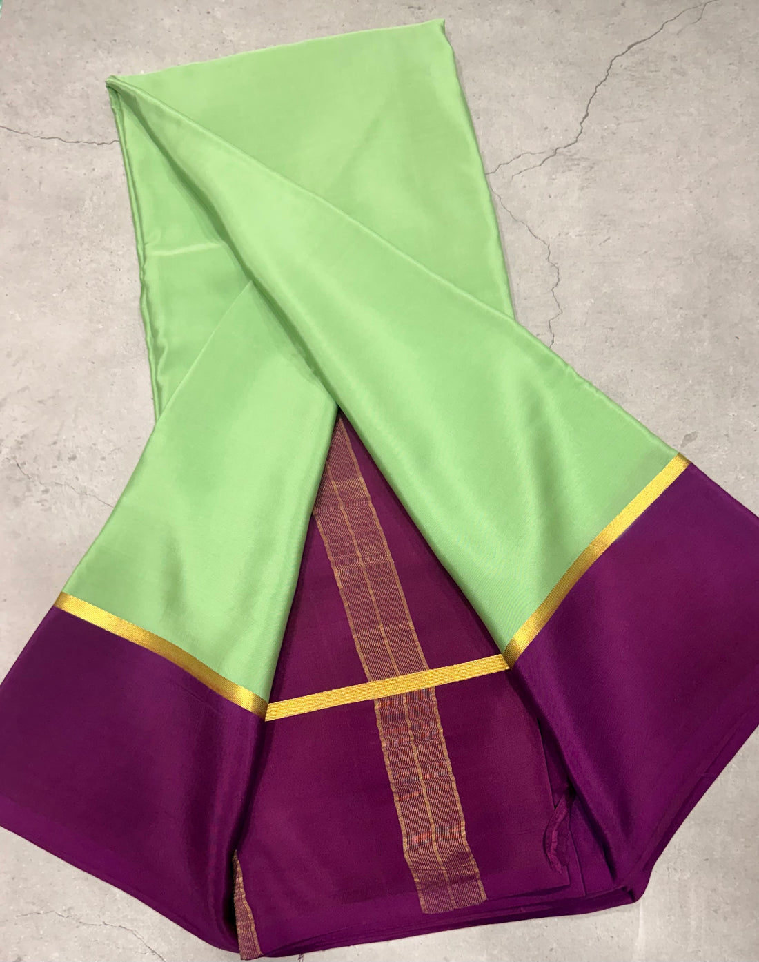 Pastel green contrast border pure Mysore silk crepe saree